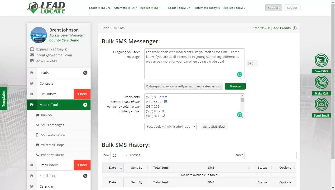 LeadLocate CRM bulk SMS messenger screenshot