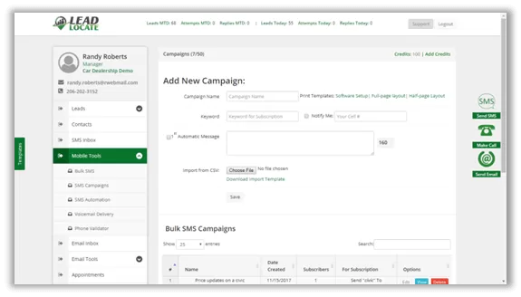 LeadLocate CRM bulk SMS campaign builder