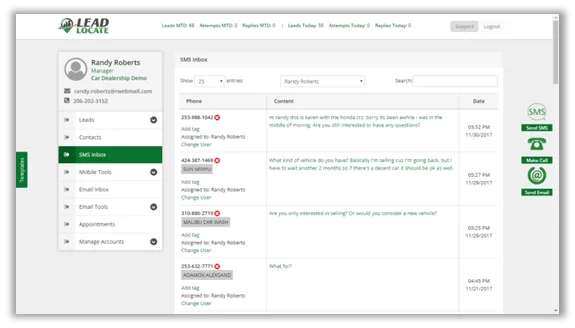 LeadLocate CRM SMS inbox seller replies