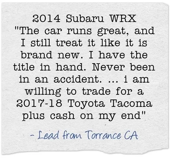 Seller lead example subaru wrx california