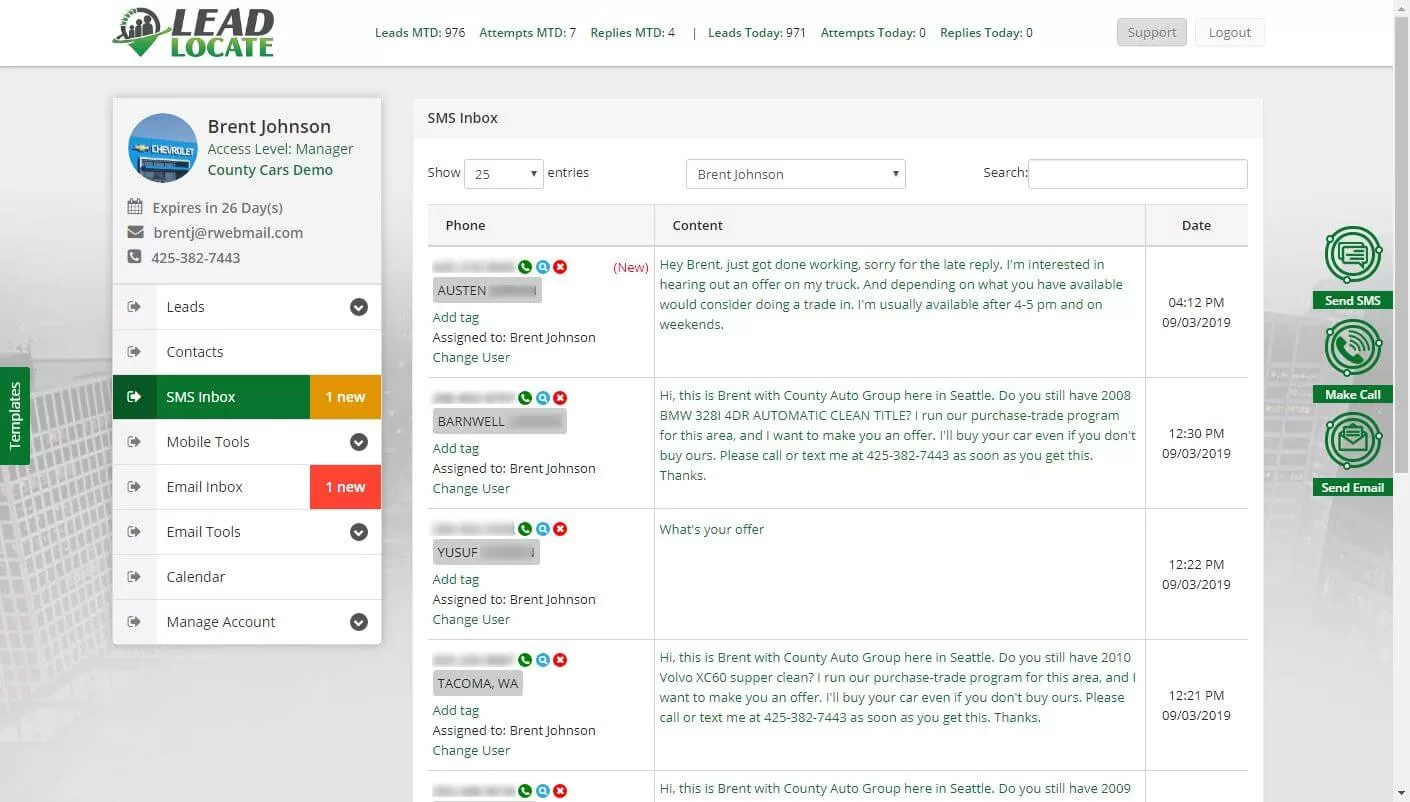 LeadLocate CRM SMS inbox car shopper conversations