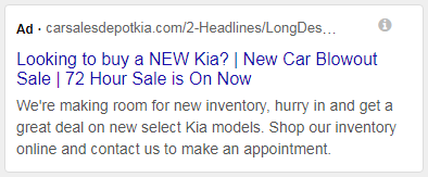 Dealership ad example kia search ad