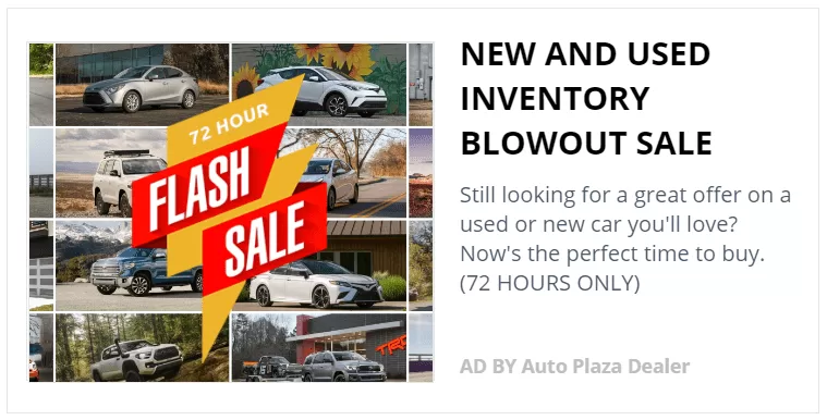 Dealership ad example new and used inventory blowout