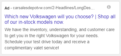 Dealership ad example volkswagen search ad