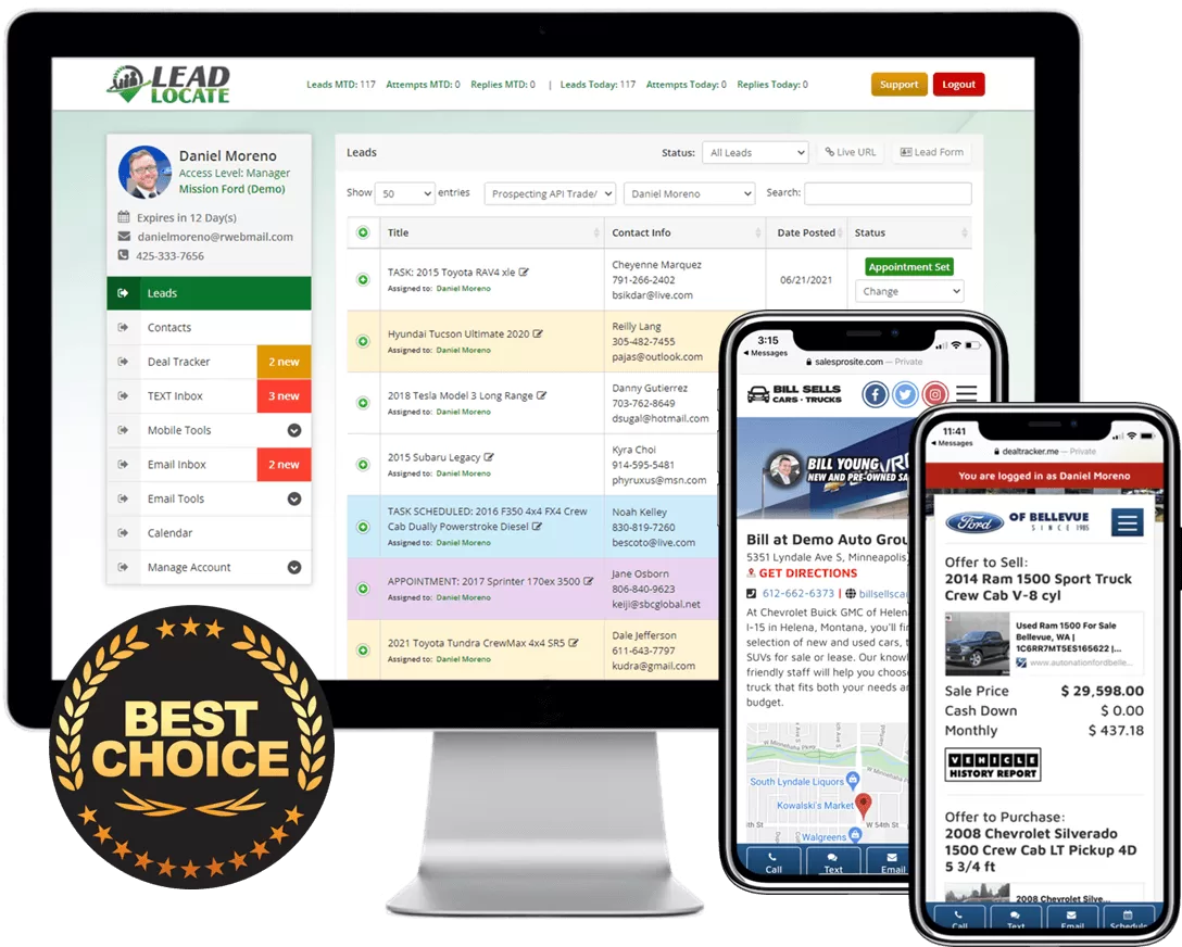 LeadLocate CRM lead list and vehicle detail
