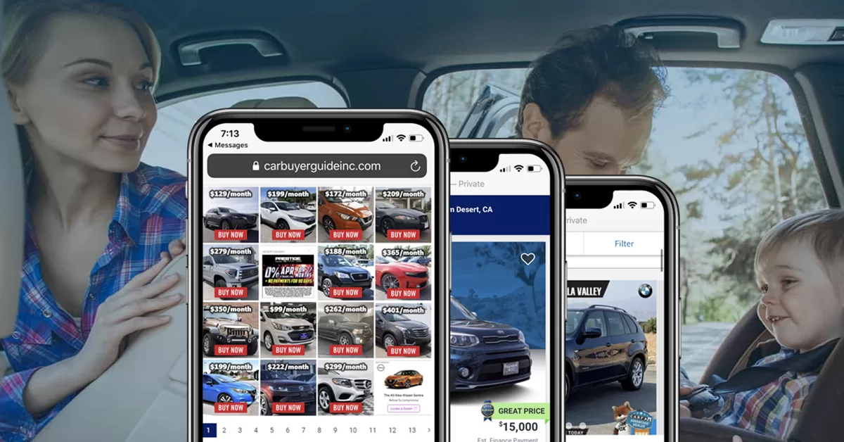 Car shopping app showing local vehicle listings