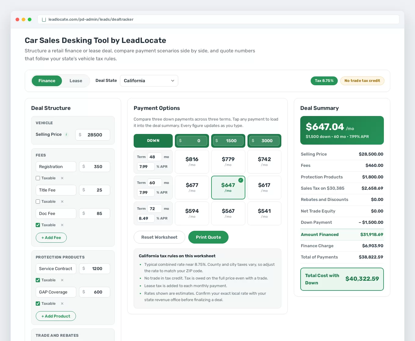 LeadLocate Deal Tracker desking worksheet structuring a car finance deal with a live payment grid and deal summary
