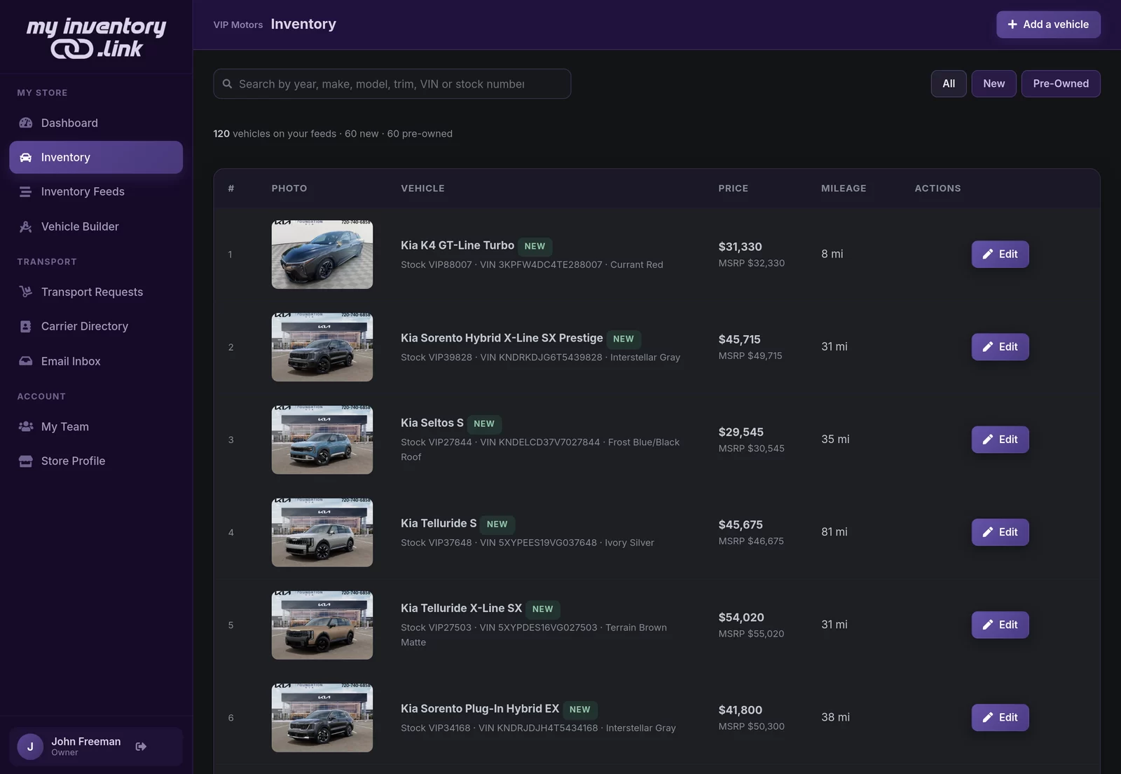 Inventory Link inventory list with photos, prices and mileage