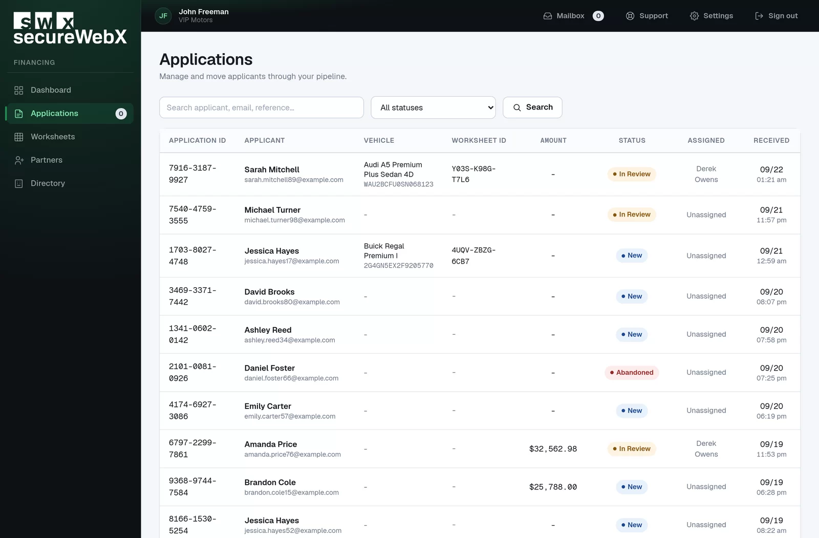 SecureWebX application inbox with applicants, vehicles, status and assigned staff