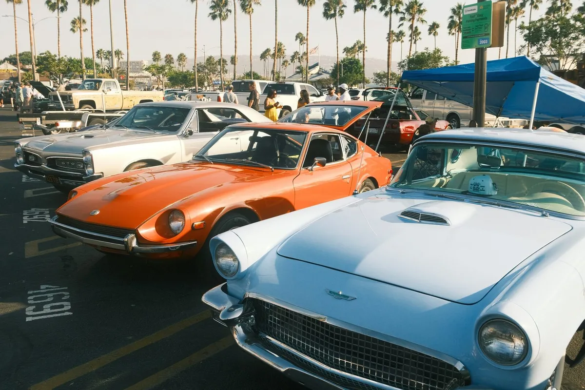 Classic cars parked under palm trees on a sunny California day