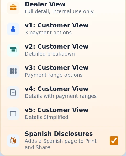 The desking Print menu with five Customer Views and the Spanish Disclosures switch turned on