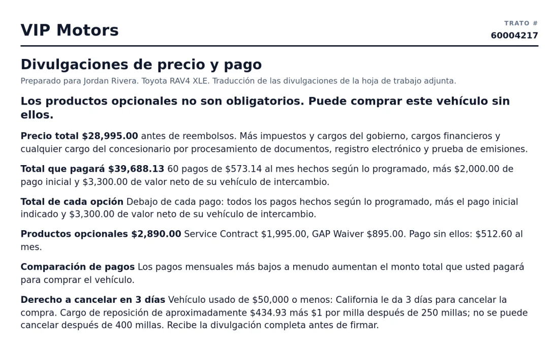 A shared deal sheet's Spanish disclosures page open in a browser