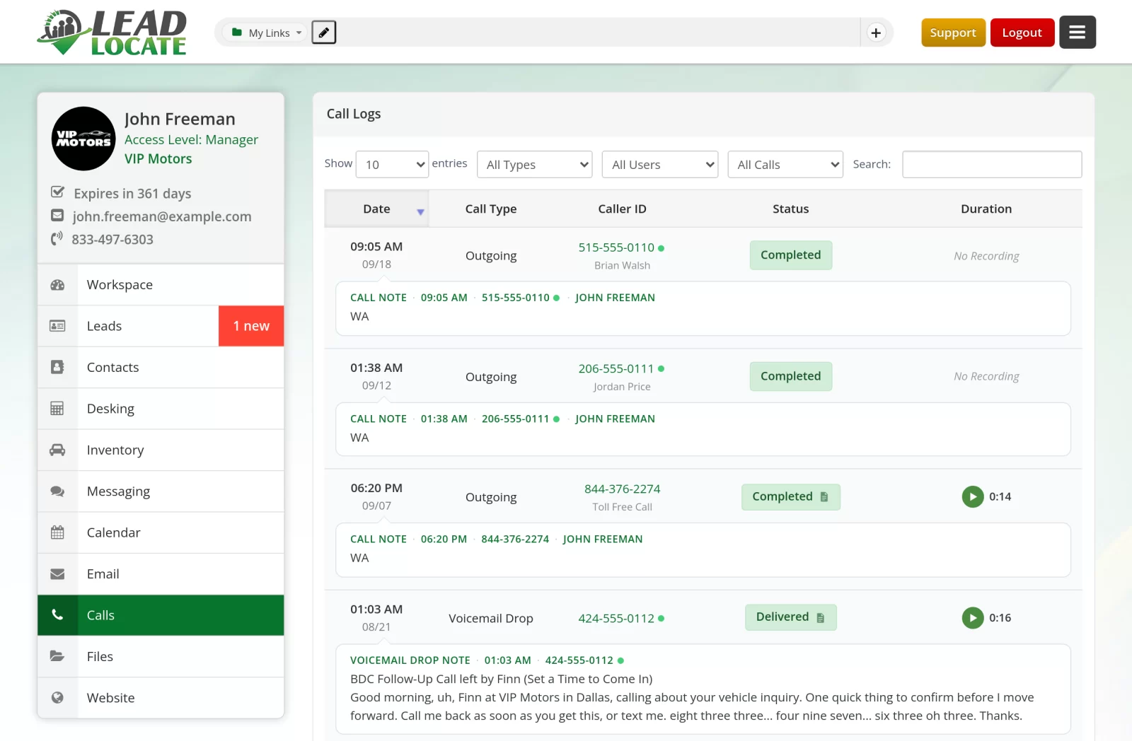 LeadLocate CRM call logs with call types, caller numbers, statuses, recordings and voicemail drop notes