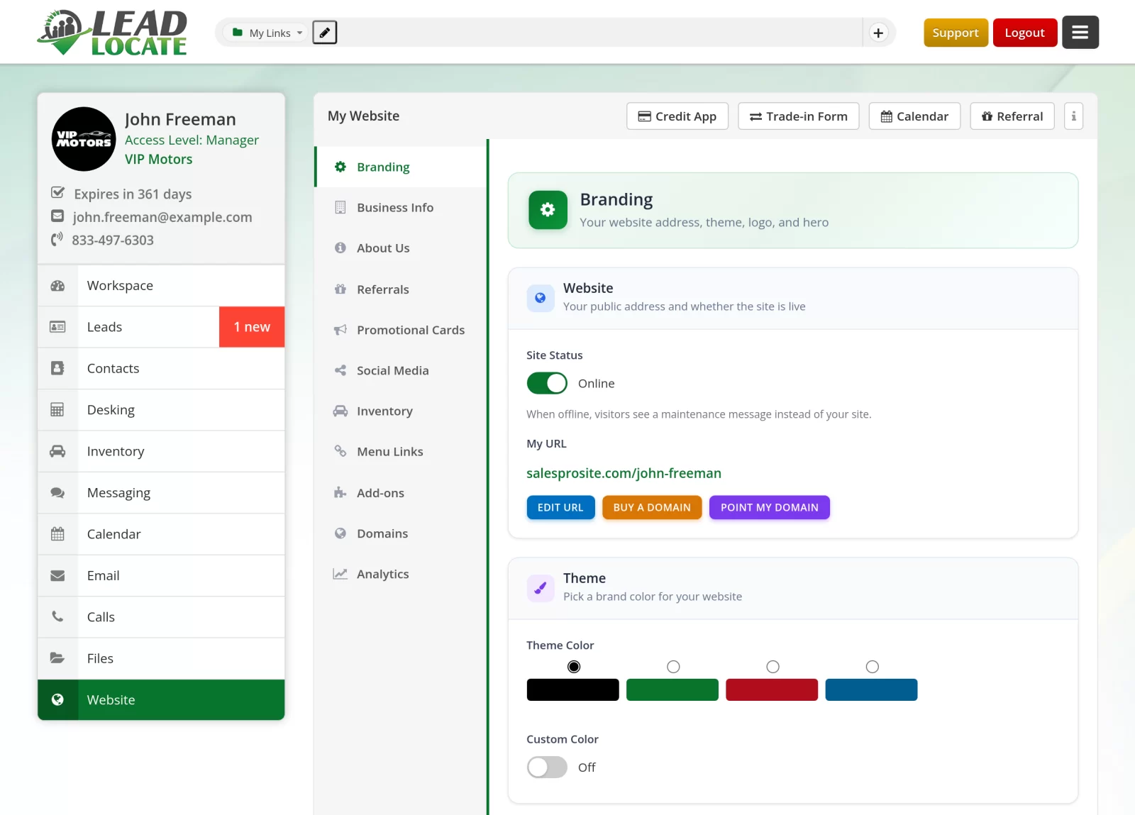 LeadLocate CRM website editor with branding, business info, domains and analytics tabs