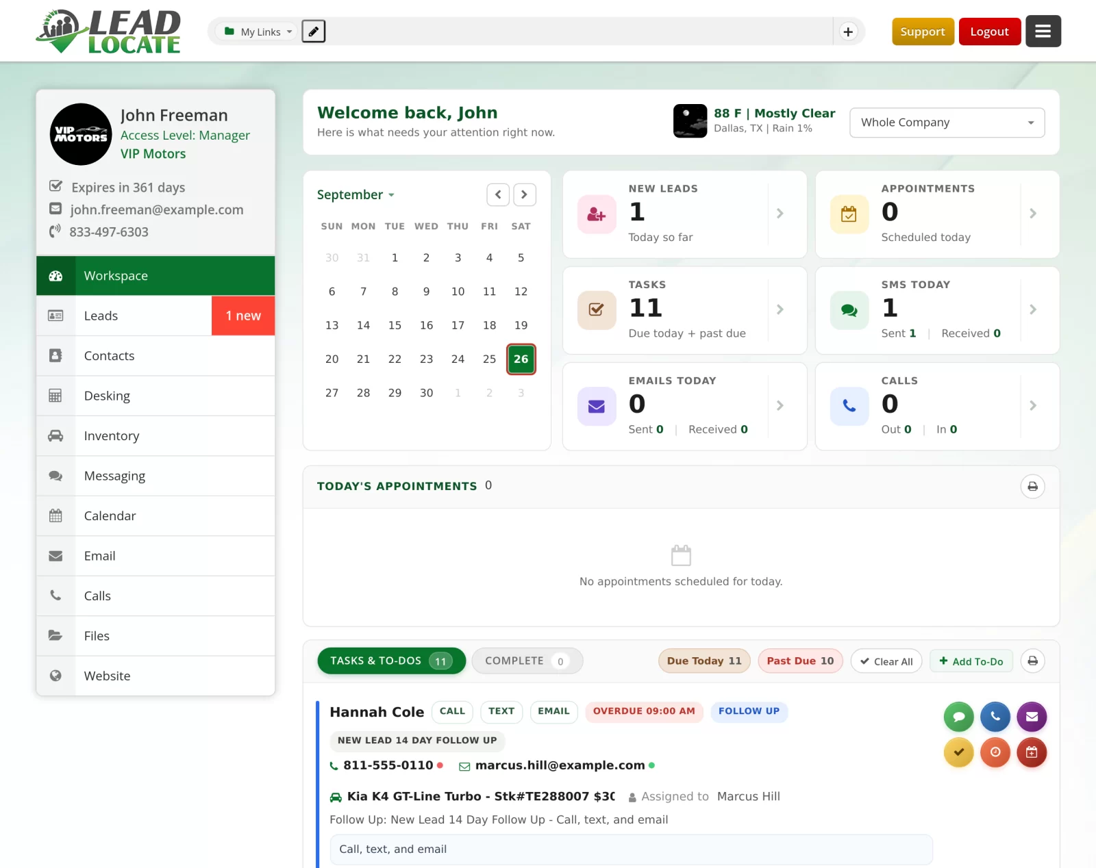 LeadLocate CRM Workspace with new leads, appointments, tasks, texts, emails and calls for the day